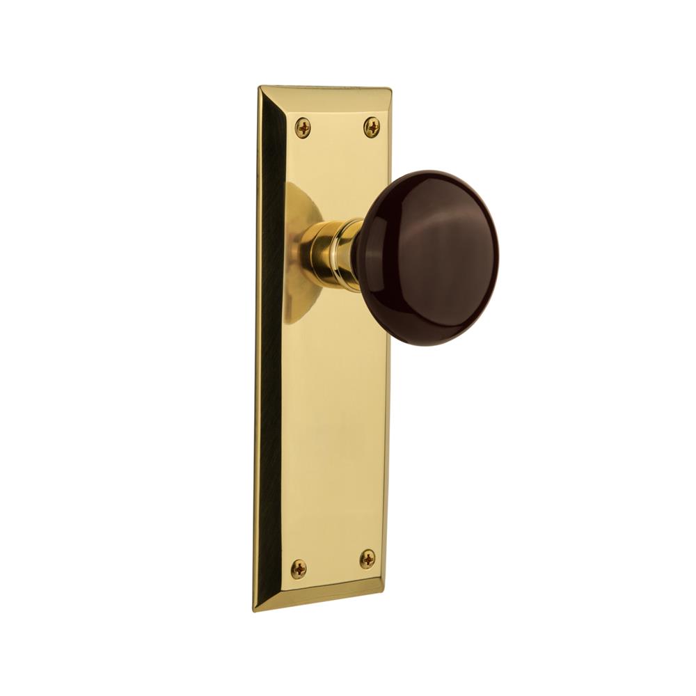 Nostalgic Warehouse NYKBRN Double Dummy Knob New York Plate with Brown Porcelain Knob in Unlacquered Brass